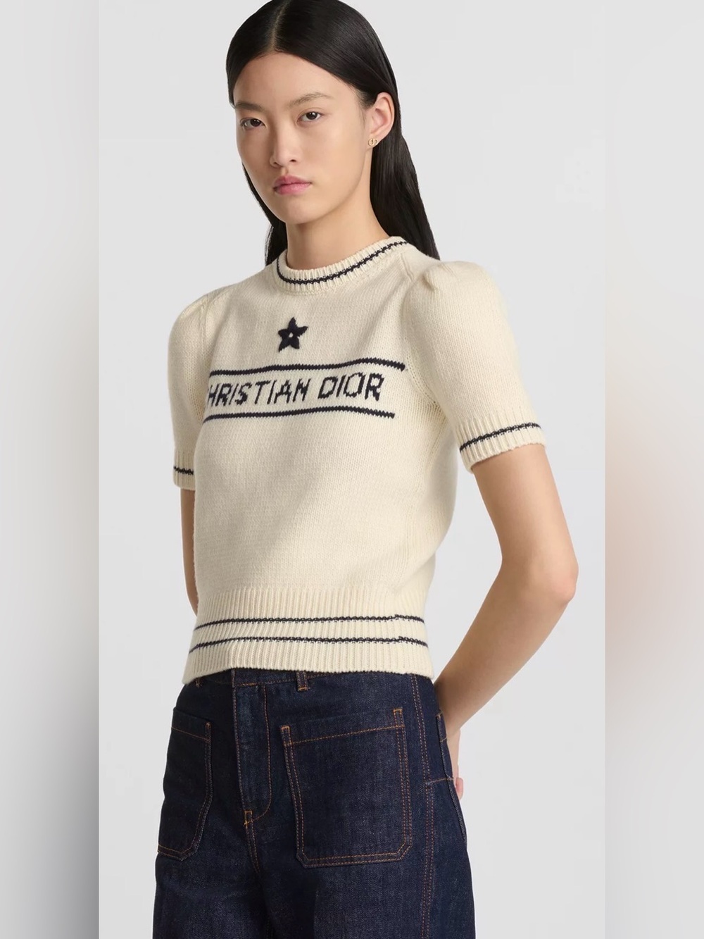 Christian Dior Yellow/Navy Logo Star Wool Knit Puff Sleeve Crew Pullover size 4